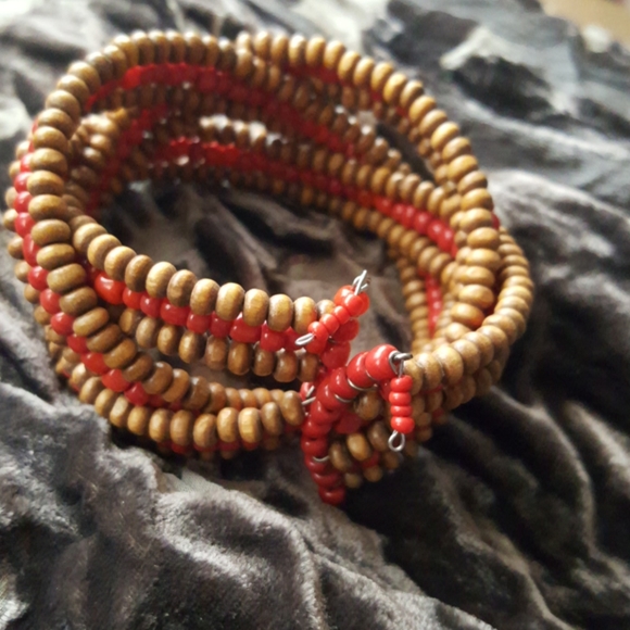 Braided Red and Tan Seed Bead Cuff Bracelet - Picture 2 of 3